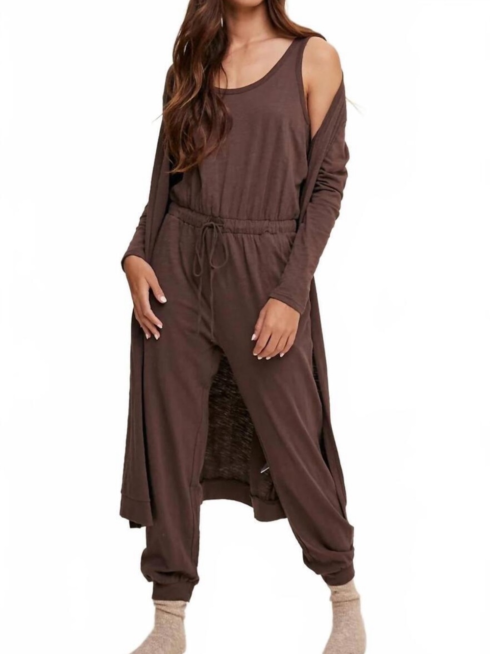 Everyday Scoop Neck Brown Textured Jumpsuit with Long Cardigan Med NWT